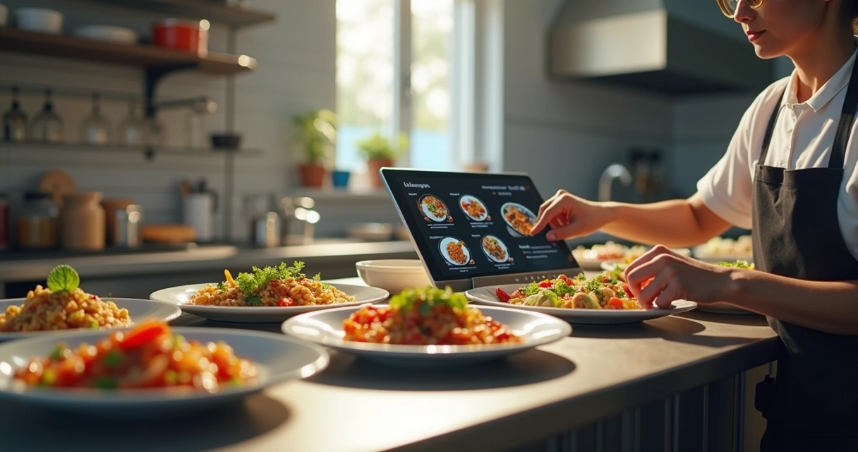 Pessoa usando tablet para montar cardápio digital em cozinha profissional 