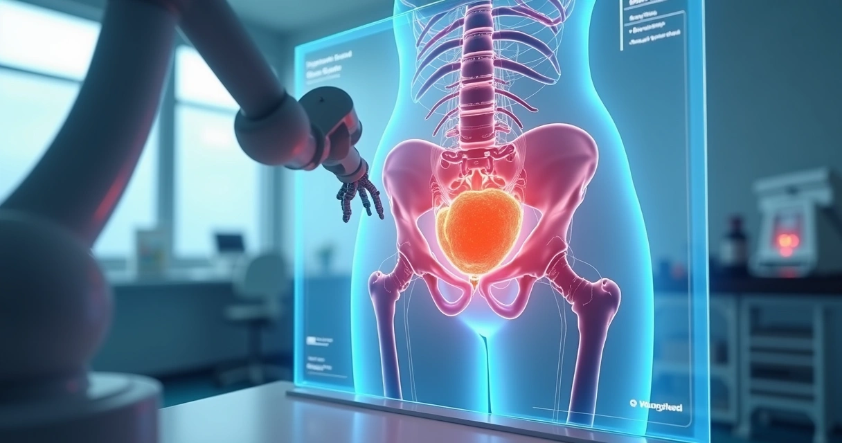 Visualização tridimensional de pelve feminina durante cirurgia robótica 
