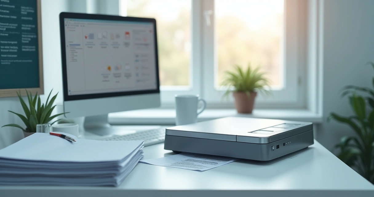 Scanner digitalizando prontuários em uma clínica odontológica, com papéis organizados ao fundo 