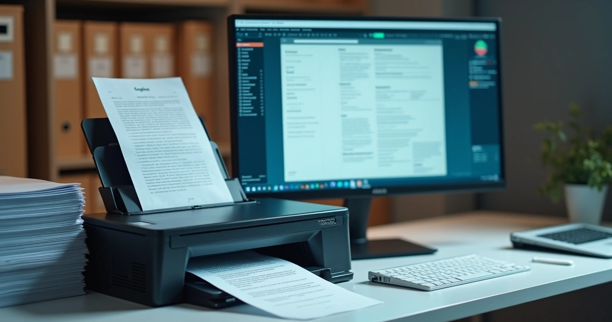 Scanner de documentos convertendo pilha de papéis em arquivos digitais certificados 