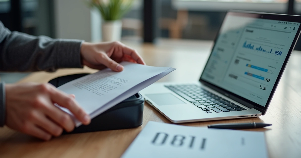 Pessoa escaneando documento em scanner portátil com computador ao lado 