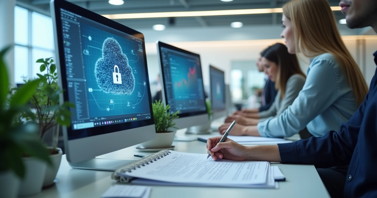 Ambiente de escritório contábil com documentos sendo digitalizados 