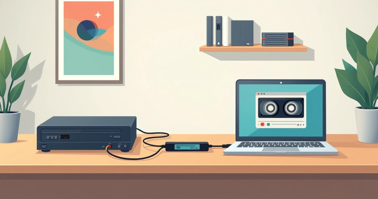 Digitalização de fita VHS conectada a notebook sobre mesa organizada 