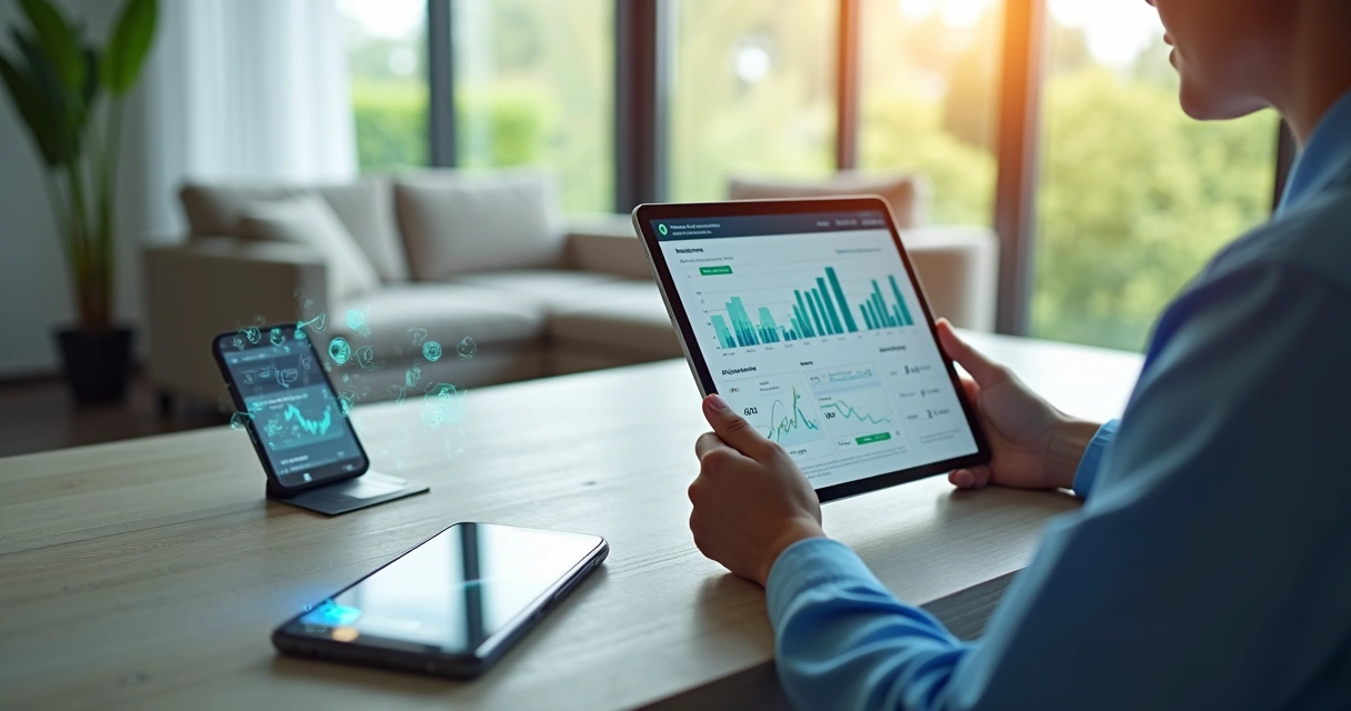 Profissional de saúde utilizando software de gestão em tablet para monitorar paciente em casa 