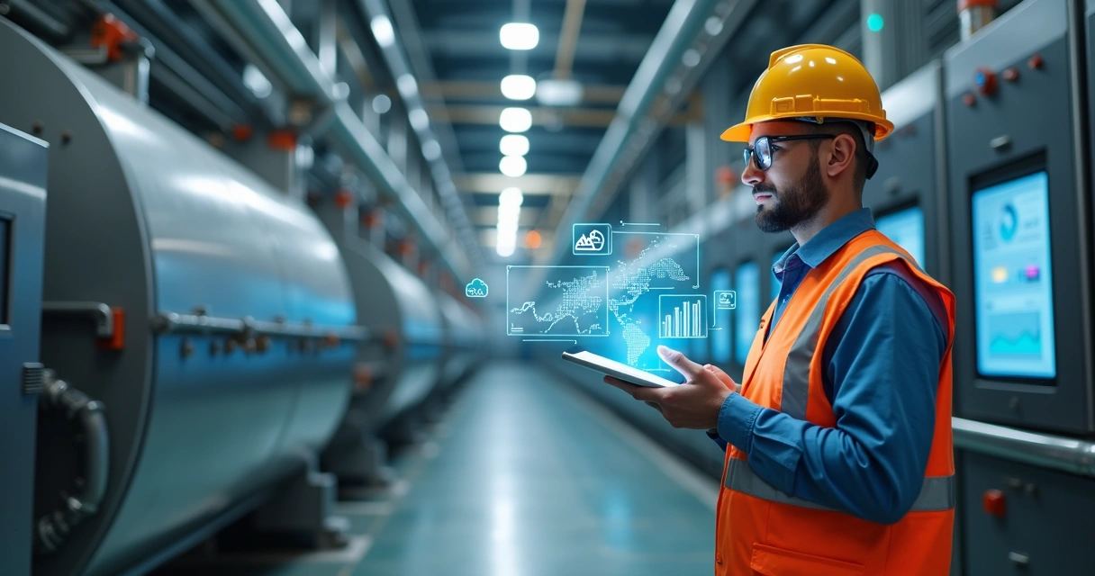 Técnico de manutenção usando tablet com painel digital ao lado de máquina industrial 