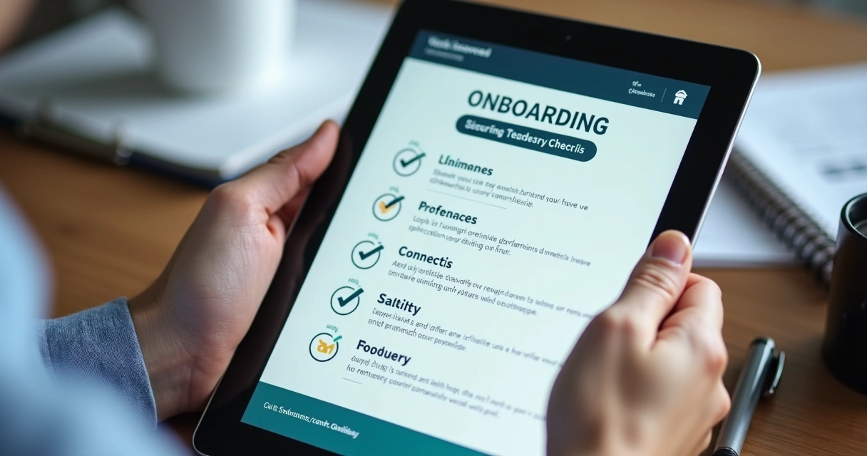 Tablet mostrando checklist digital de onboarding financeiro, com mãos digitando e interface moderna.