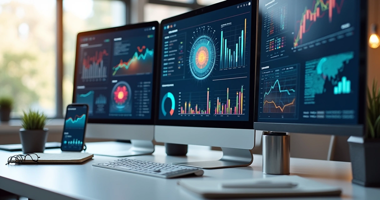 Computador em escritório moderno exibindo telas com dados digitais e gráficos de automação empresarial 