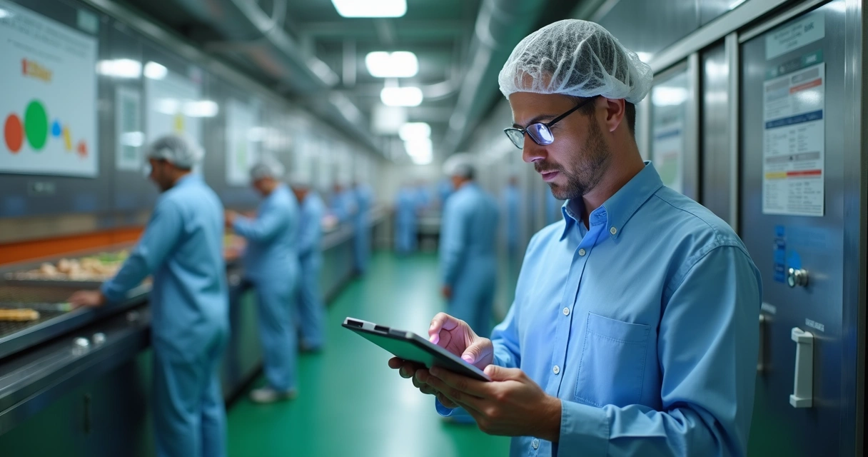 Gestor usando tablet para registrar plano de ação alimentício 