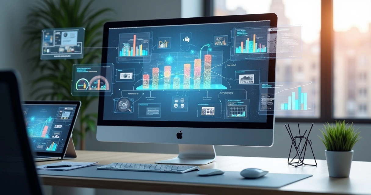 Mesa de escritório com computador, documentos digitais na tela e gráficos mostrando automação e eficiência administrativa 