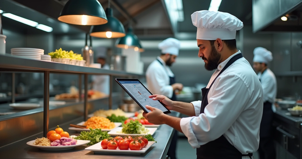 Tablet exibindo software com receitas e estoque na cozinha 