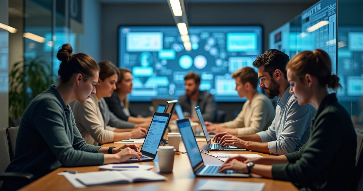 Equipe de escritório utilizando tablets e computadores em ambiente colaborativo 