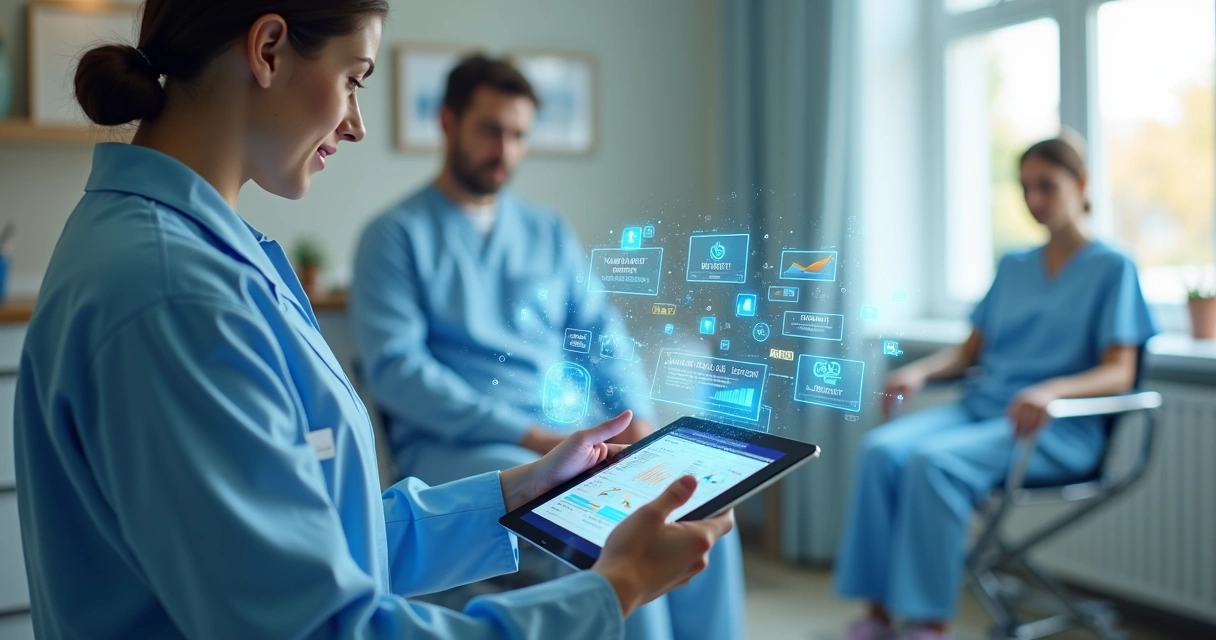 Profissional de saúde usando tablet com gráficos digitais e ícones de tecnologia ao redor em ambiente de home care 