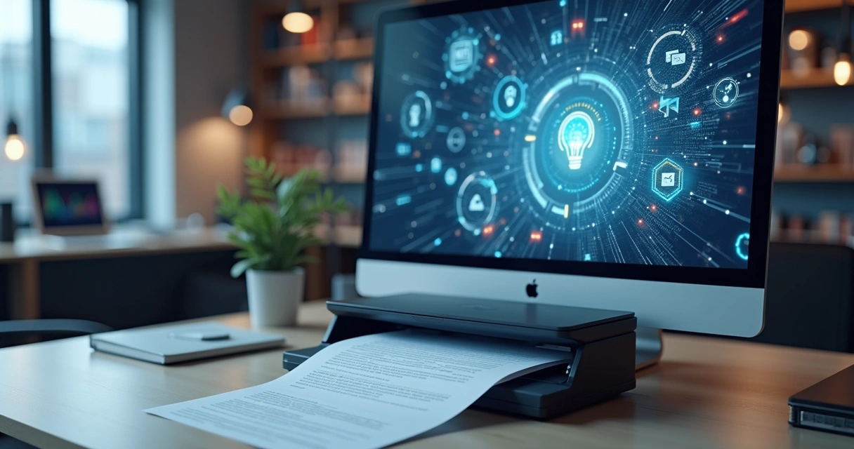 Mesa de escritório com scanner digitalizando documentos em papel, computador exibindo fluxo automatizado de processos e ícones digitais ao redor 