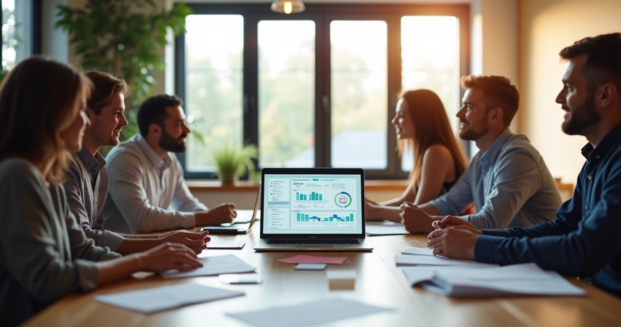 Mesa moderna com laptop aberto mostrando painel digital e pessoas discutindo processos digitais em escritório iluminado 