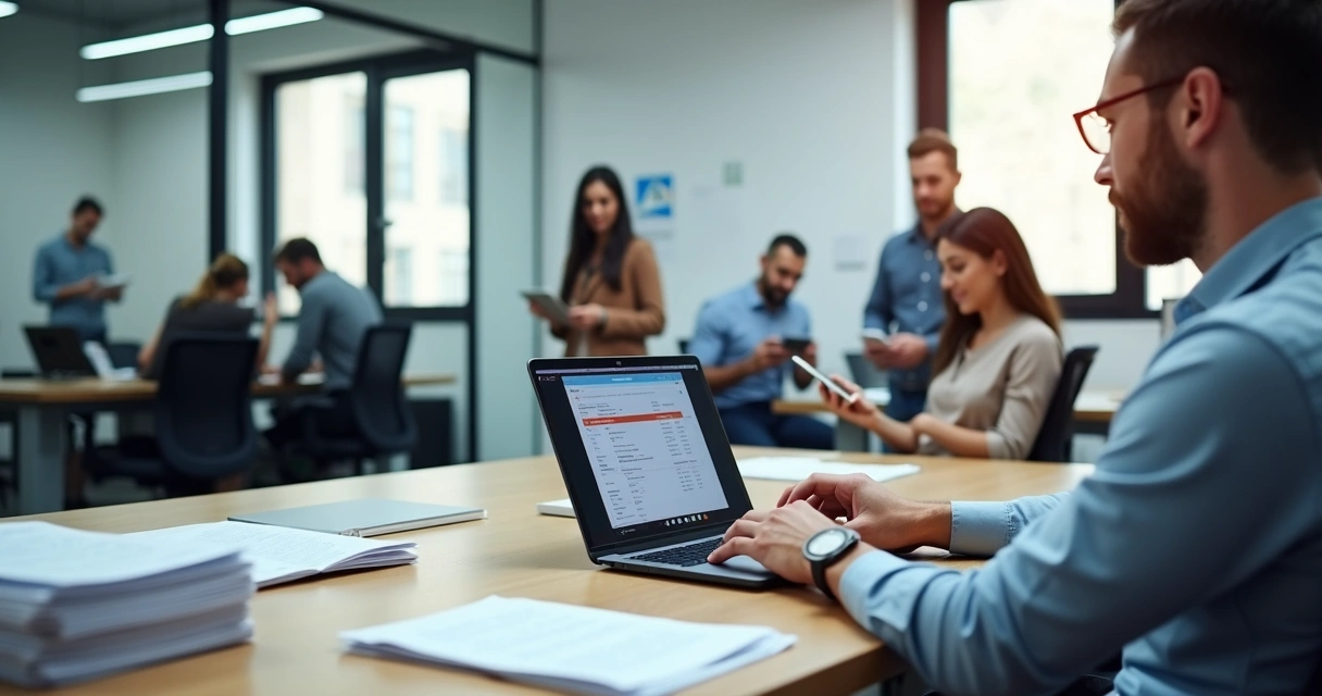 Gestor digitalizando documentos de segurança do trabalho com colaboradores ao fundo