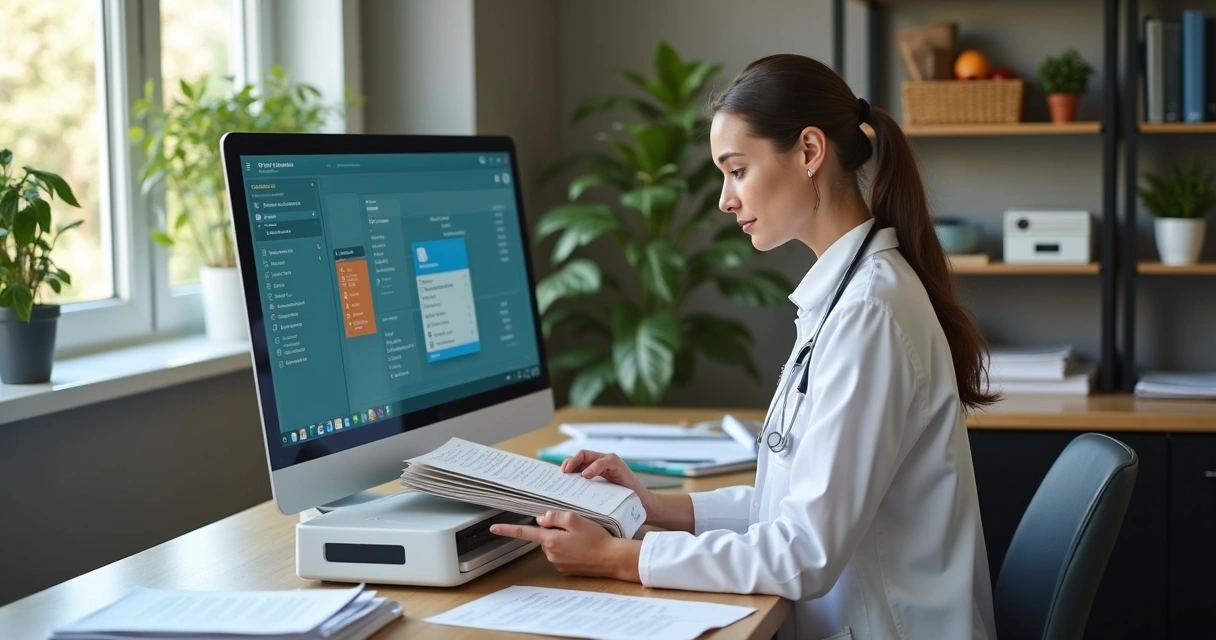 Profissional digitalizando prontuários antigos em consultório moderno 