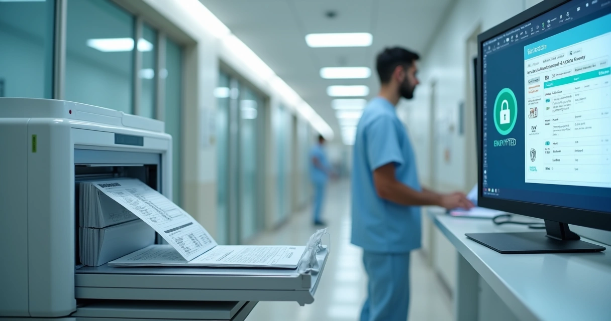 Equipe em hospital usando esteira de digitalização de prontuários médicos com tela exibindo dados protegidos 