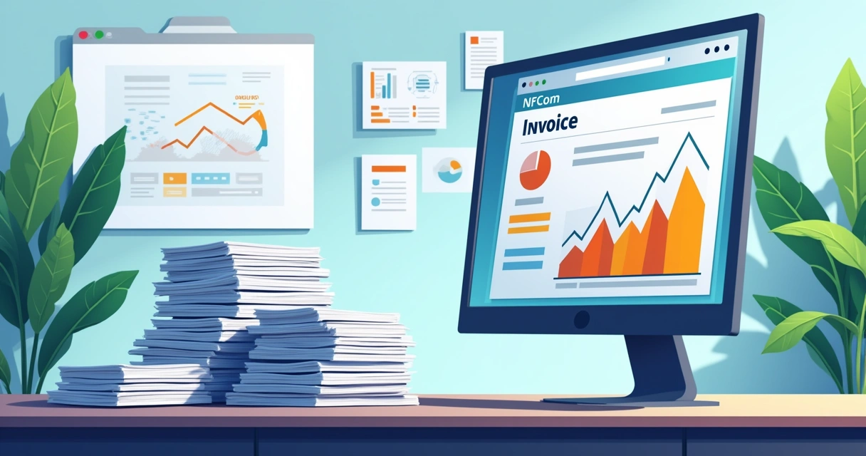 Ilustração de um escritório moderno com digitalização, mostrando a transição de notas fiscais em papel para digital.