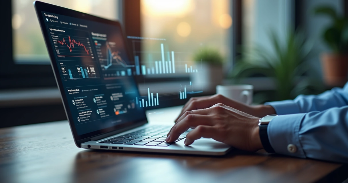 Ambiente digital mostrando compra B2B online em notebook, com gráficos de crescimento ao fundo 