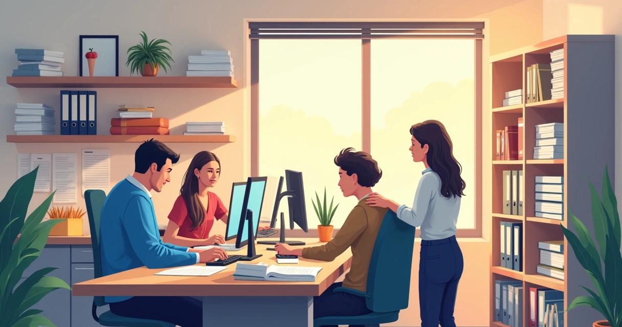 Personas usando escáner y computadoras para digitalizar documentos en una oficina moderna 