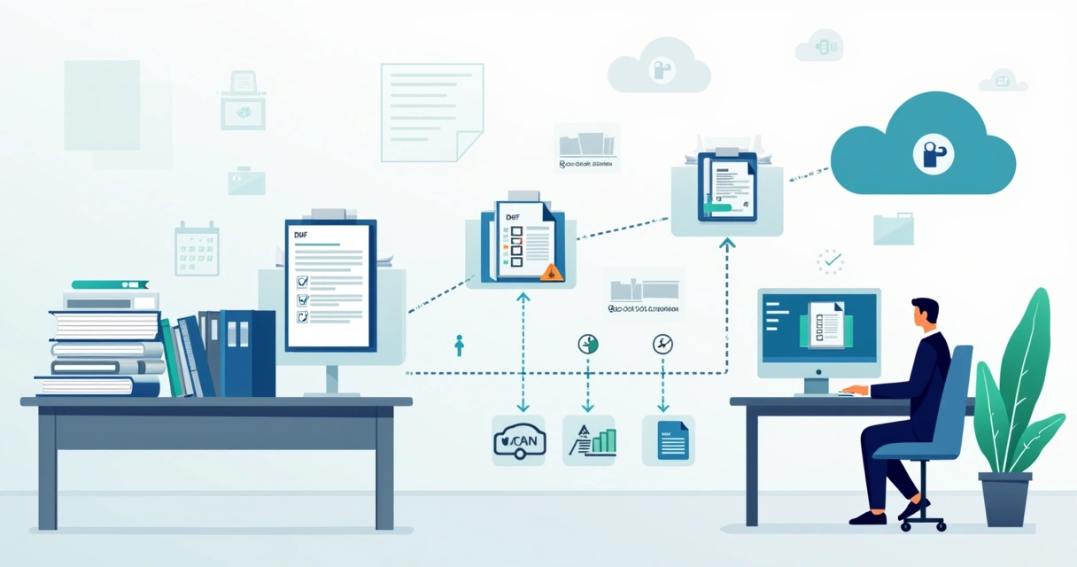 Proceso visual de digitalización de documentos laborales en oficina moderna 