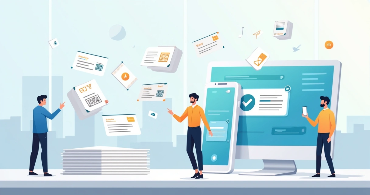 Ilustración de recibos de pago en papel convirtiéndose en comprobantes digitales en una oficina corporativa 