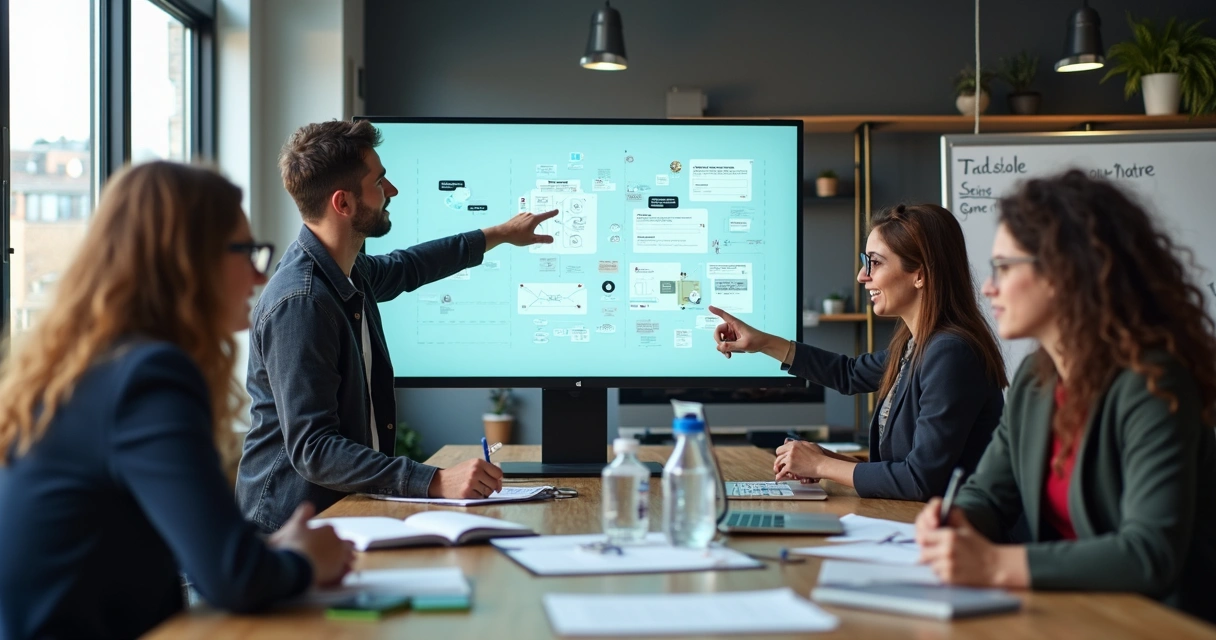 Digital product team reviews interactive prototype on large screen 