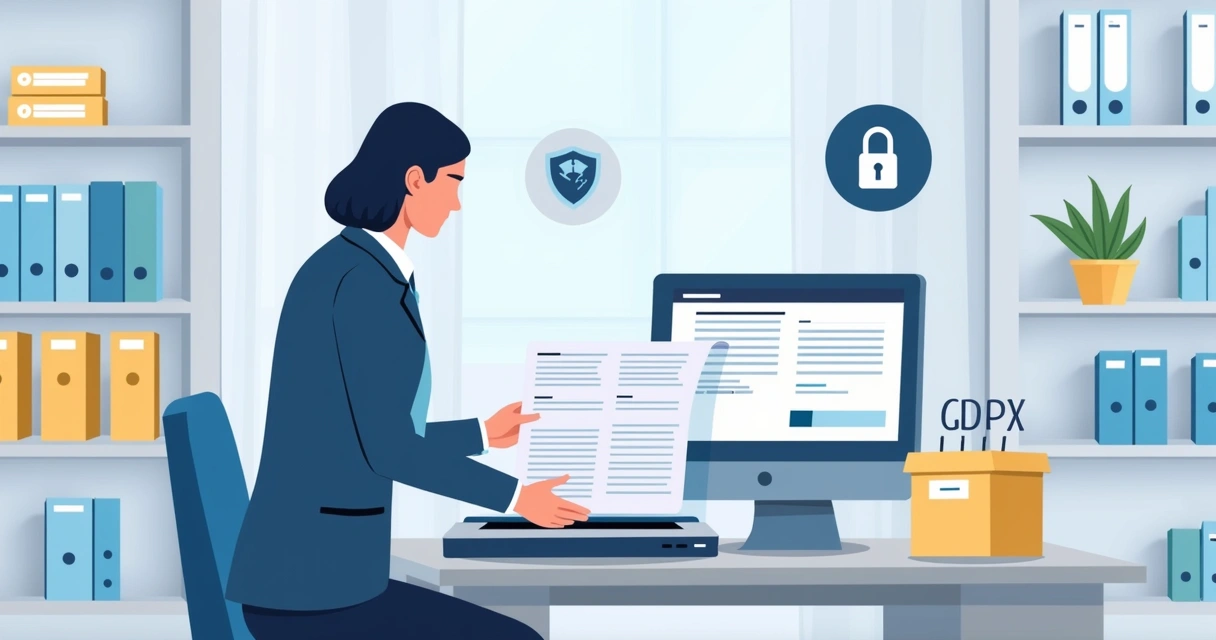 Scanning paper contracts on a modern flatbed scanner, contract stacks on a desk