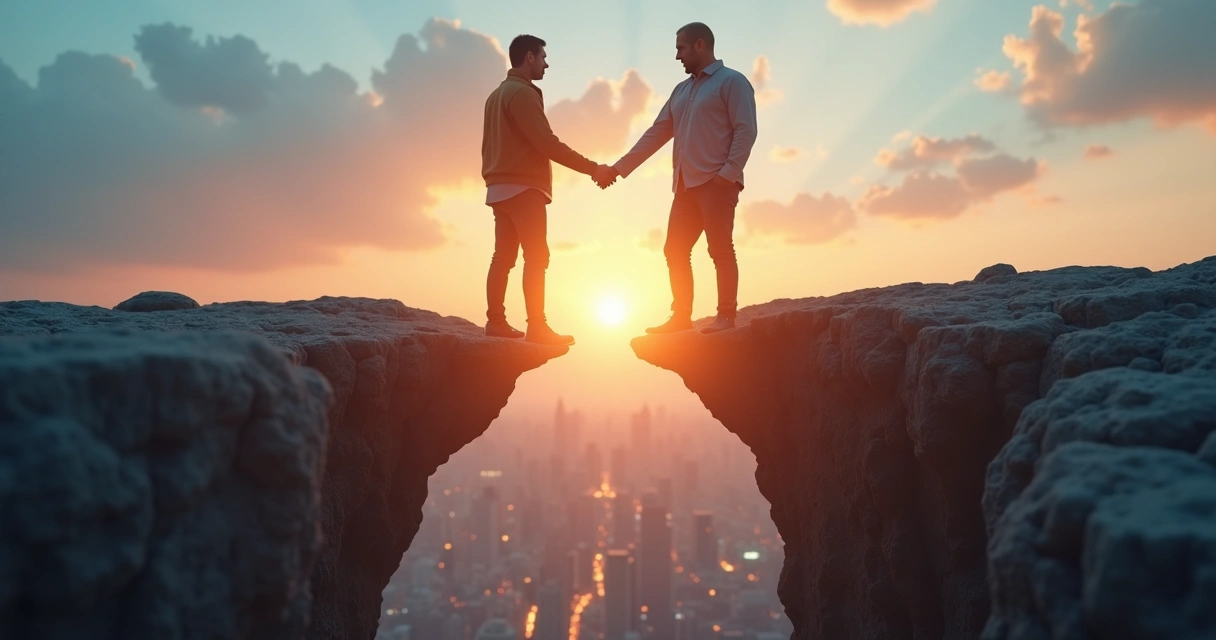 Duas pessoas em lados opostos conectadas por uma ponte de luz sobre uma cidade ao entardecer 