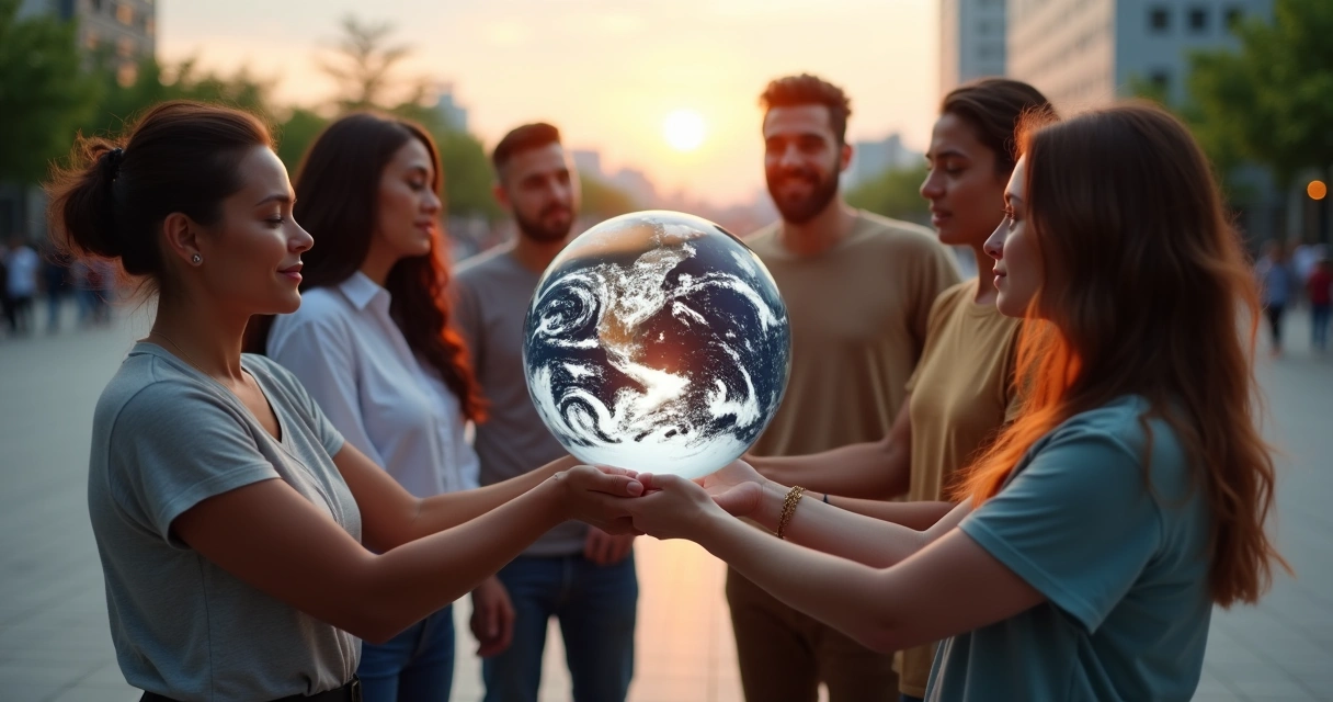 Diversas pessoas em círculo segurando um globo iluminado ao centro 