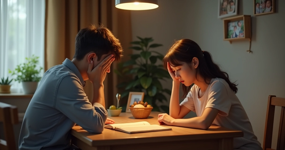 Duas pessoas em mesa, uma com expressão preocupada, a outra esperando resposta, ambiente aconchegante 