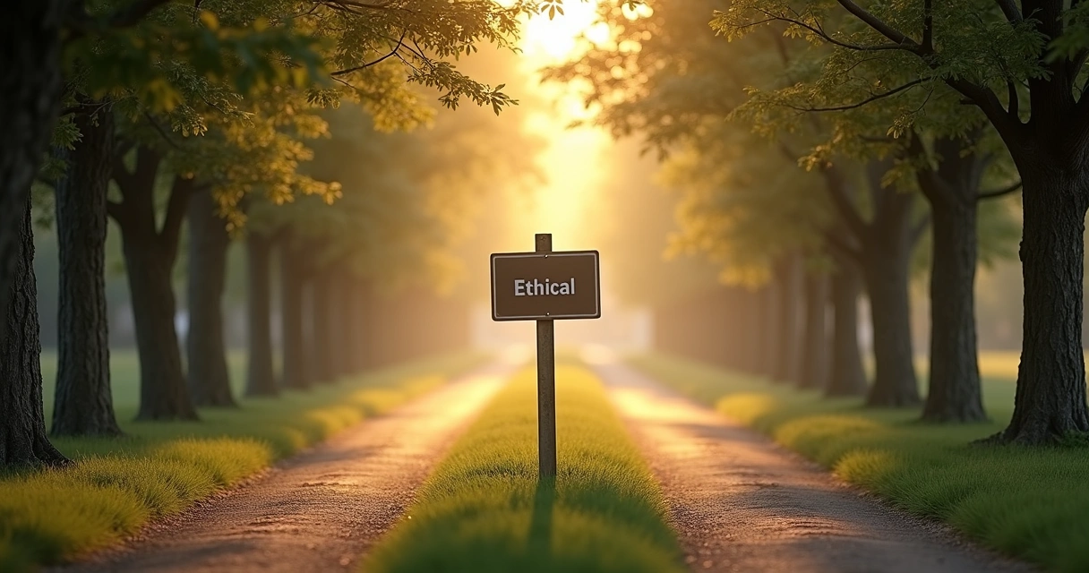 Caminho se dividindo diante de uma placa ética, simbolizando dilema ético 