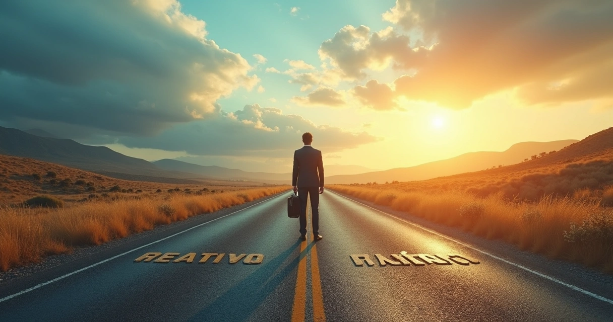 Pessoa diante de caminho duplo, refletindo sobre escolha ética proativa ou reativa 