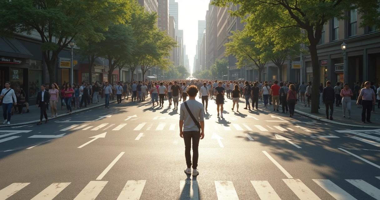 Pessoa olhando para dois caminhos diferentes em ambiente urbano