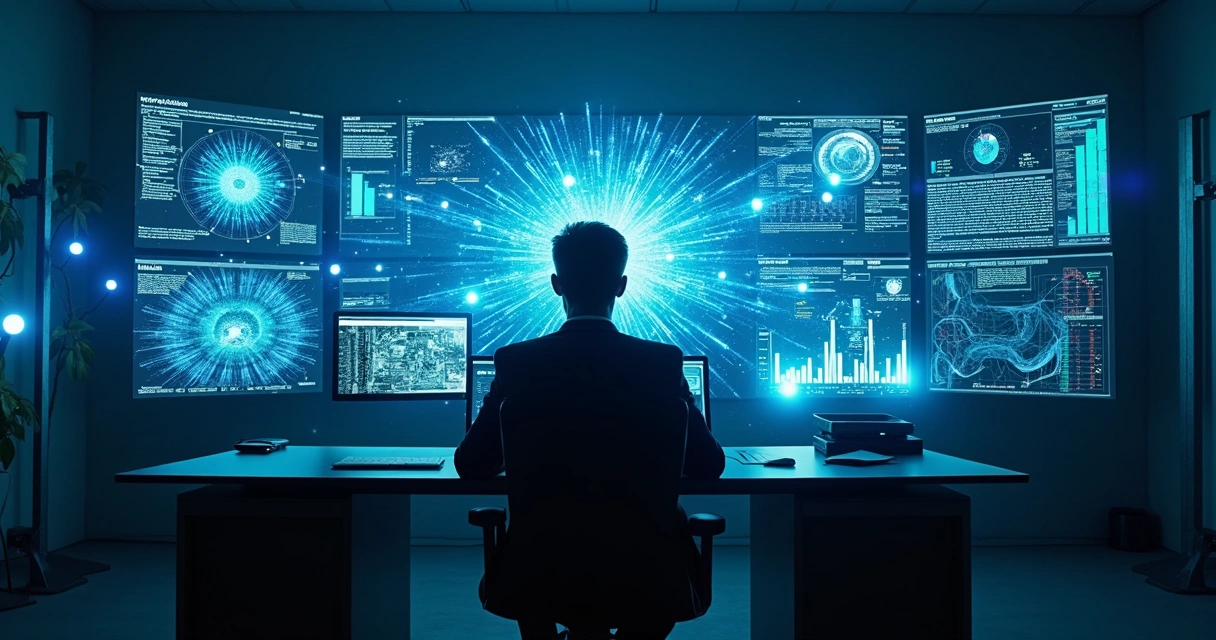 Pessoa analisando telas com interfaces de inteligência artificial, rodeado por informações digitais e dilemas profissionais. 