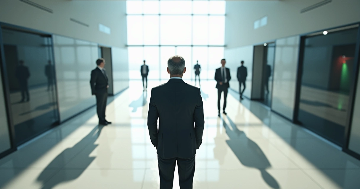 Executivo em entroncamento de corredores corporativos com múltiplas sombras divergentes 