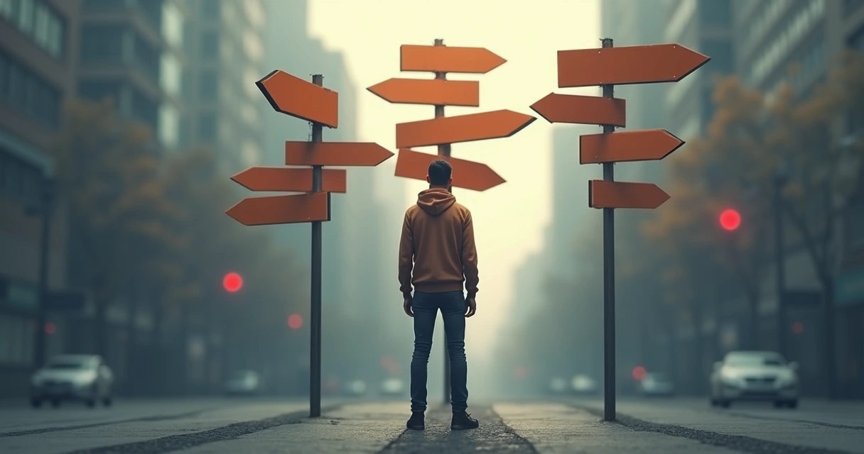 Pessoa diante de setas apontando em direções opostas. 