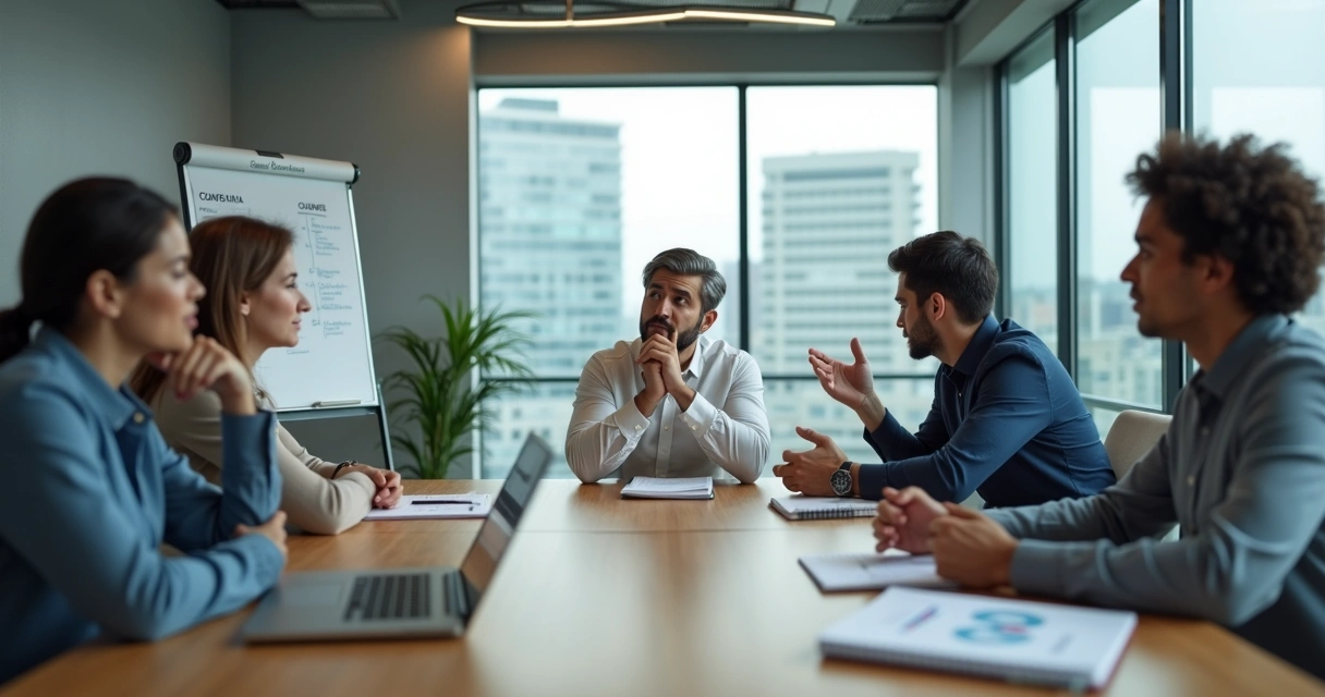 Profissional sentado à mesa de reunião refletindo diante de colegas em discussão 
