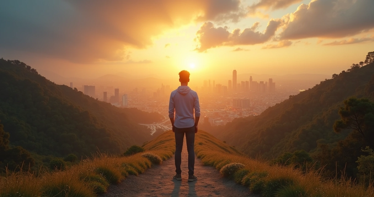 Pessoa em encruzilhada diante de cidade dividida entre caos e harmonia 