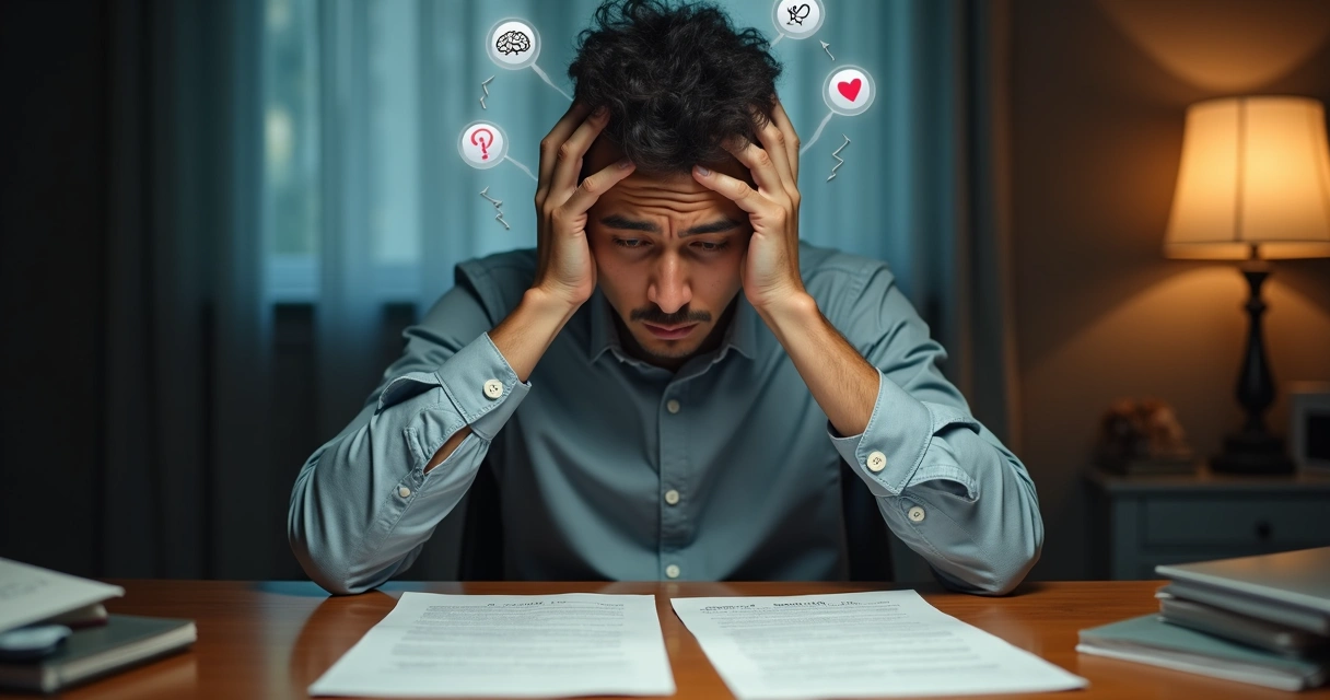 Persona pensativa frente a dilema ético con expresiones emocionales 