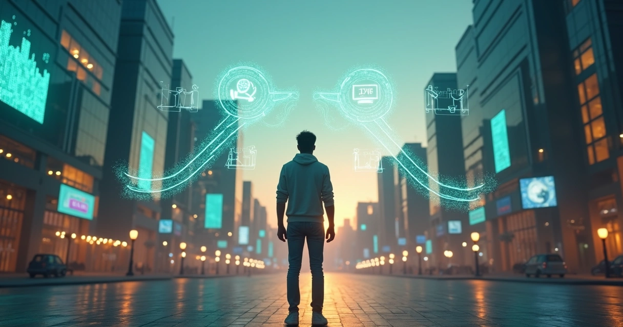 Pessoa em encruzilhada urbana diante de escolhas éticas opostas 