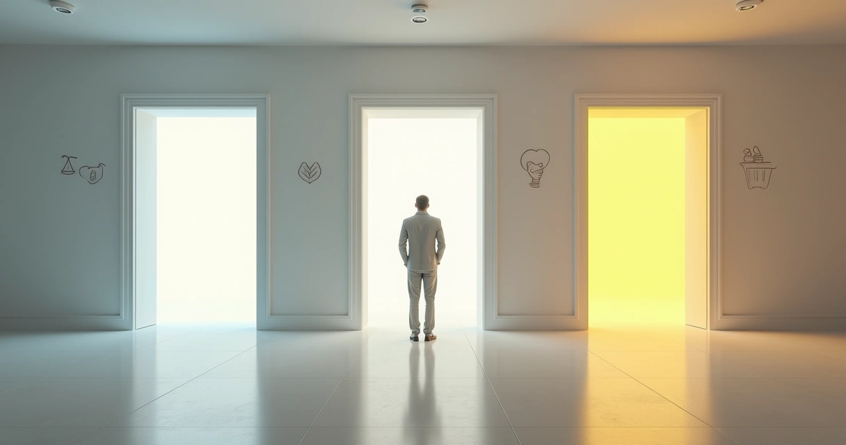 Pessoa diante de duas portas luminosas simbolizando um dilema ético no dia a dia 