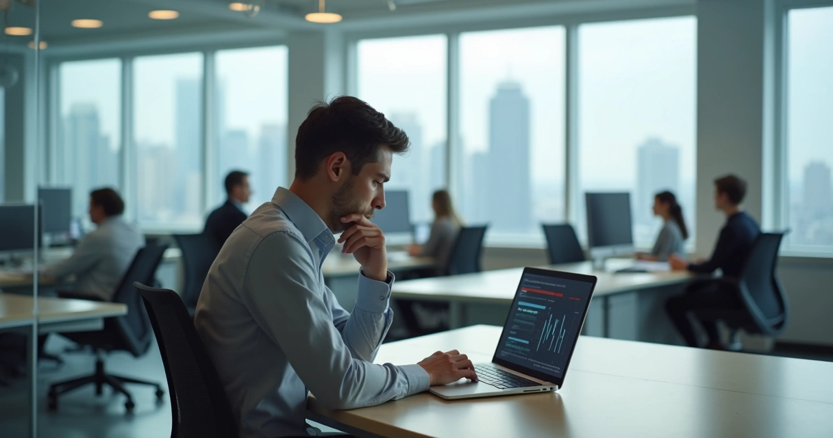 Profissional em escritório moderno silencioso refletindo diante do computador 