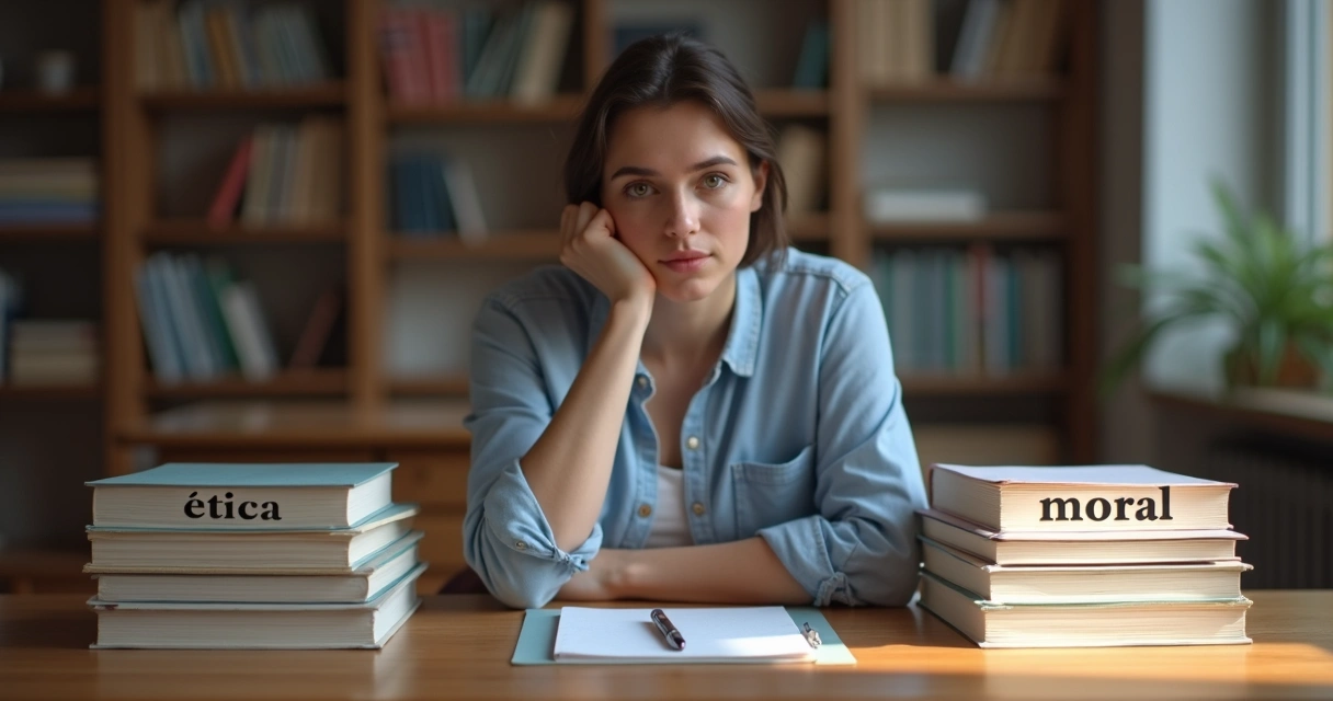 Persona pensando frente a una mesa con libros y papeles etiquetados como ética y moral