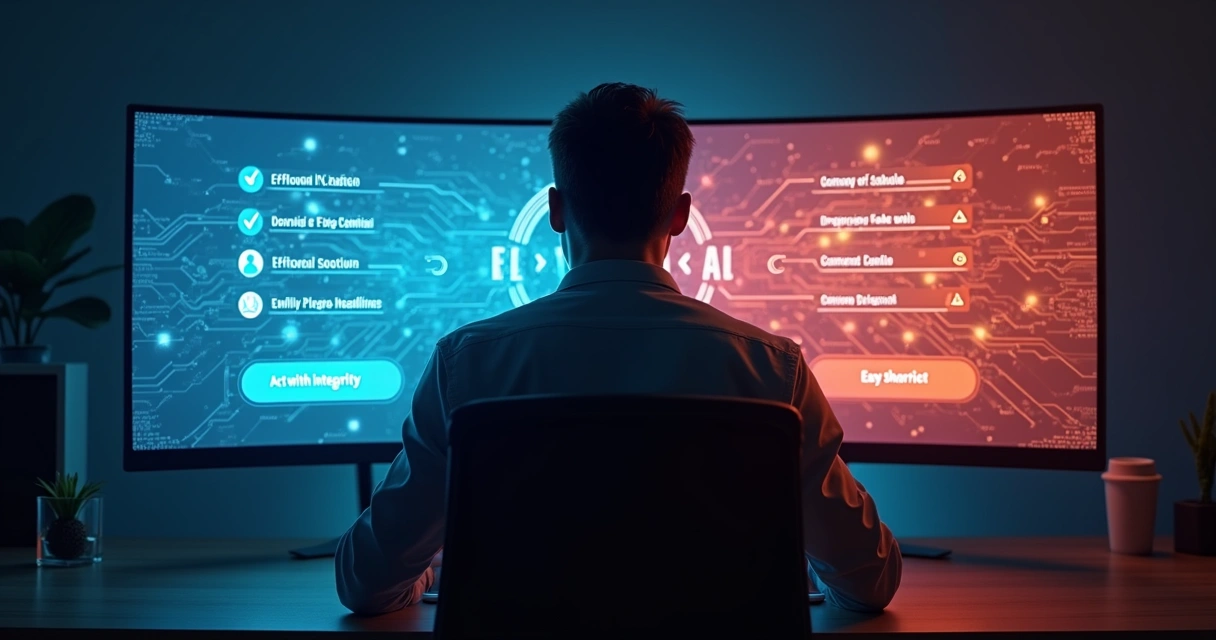 Pessoa diante de tela com escolhas digitais opostas representando dilema ético 