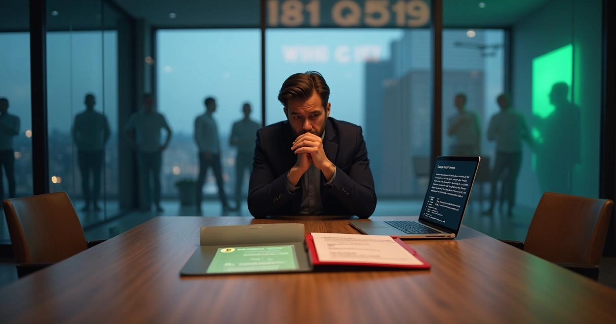 Profissional sentado à mesa de escritório analisando um dilema ético com duas opções opostas em destaque 