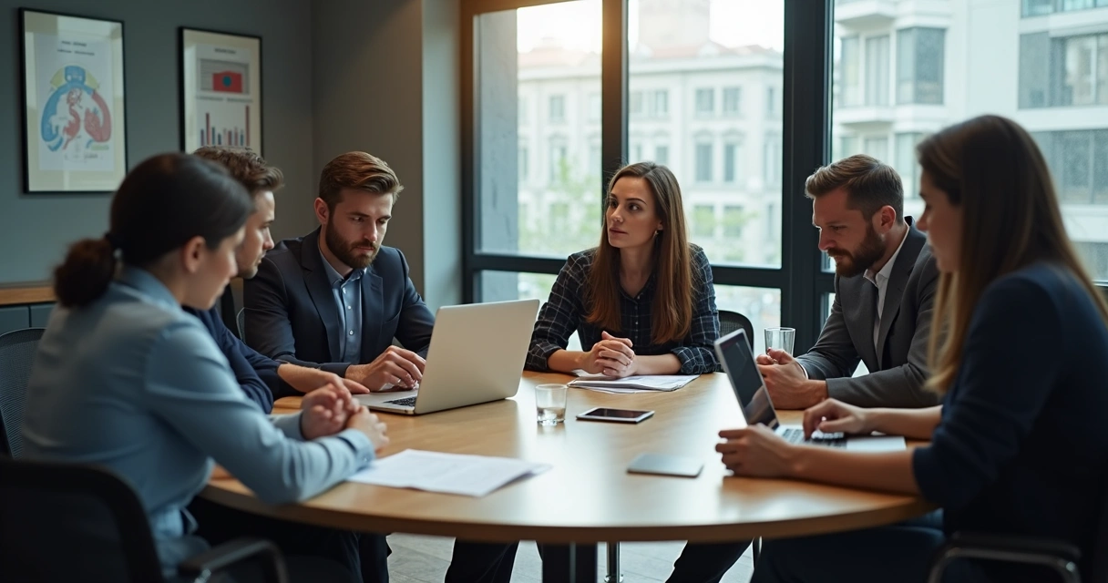 Tres empleados de oficina debaten sobre una decisión ética alrededor de una mesa redonda, papeles y ordenadores portátiles sobre la mesa, ambiente moderno y profesional 