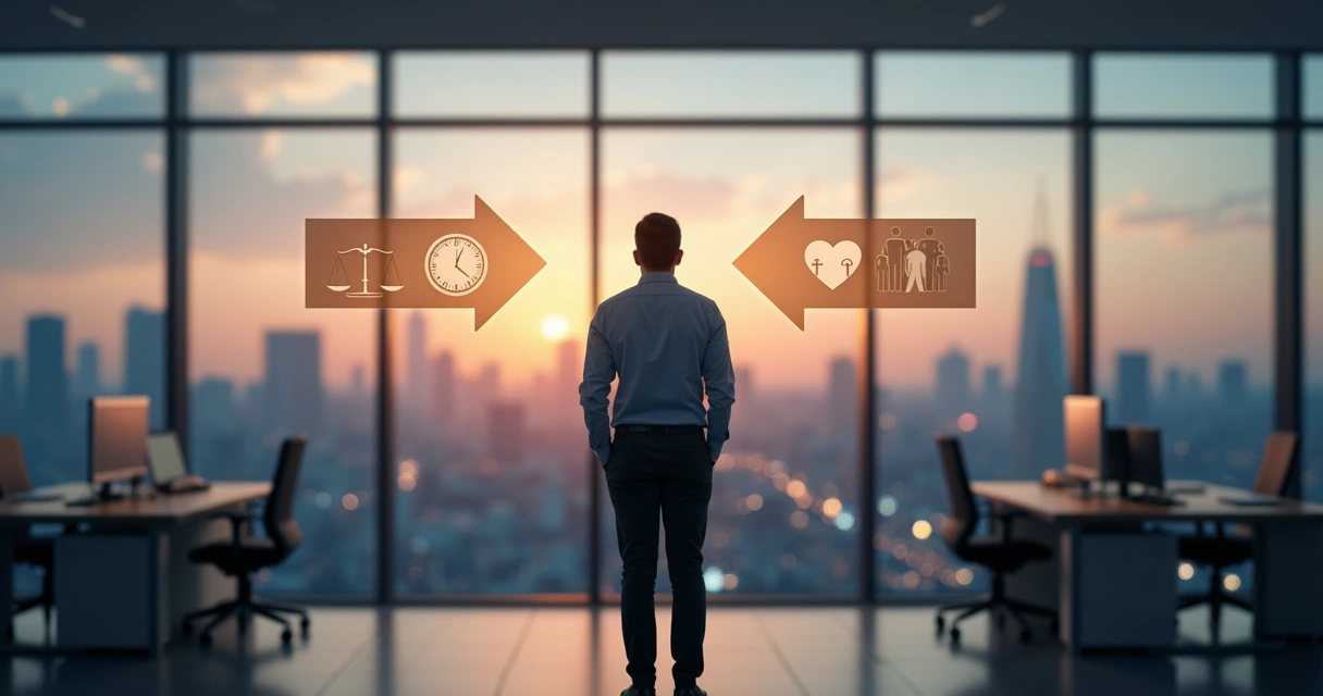 Profesional dudando frente a cruce de caminos en su oficina moderna 