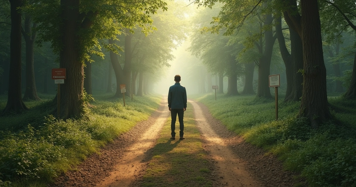 Persona indecisa de pie frente a dos caminos en un paisaje natural 