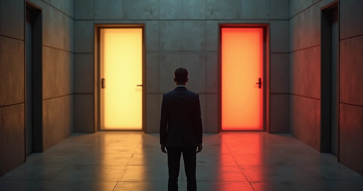 Pessoa sozinha diante de duas portas iluminadas representando dilema ético sob pressão 